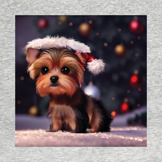 Yorkshire Terrier Christmas Puppy Dog In Santa Hat by Geminiartstudio